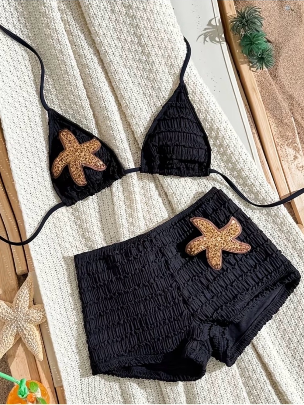 Black Bikini Starfish Applique Set - Women Swim Size M - Picture 2 of 5